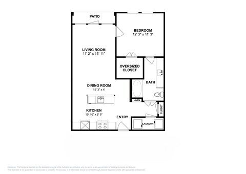 Floor plan for 1 bed, 1 bath, 756 sqft